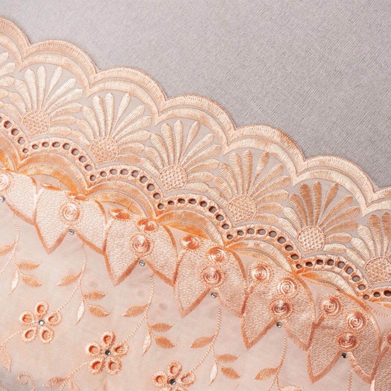 Warm Beige Poly-Cotton Floral Vine Eyelet Scalloped Rhinestone Woven Fabric By the Yard